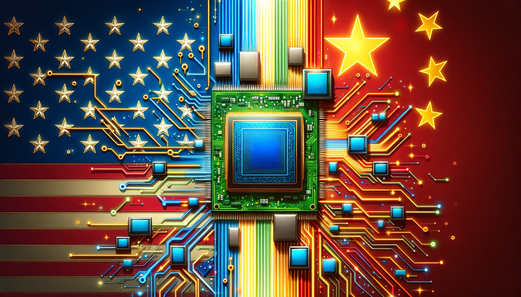USA és Kína chip kereskedelmi háborúját illusztráló mesterséges intelligencia által generált kép